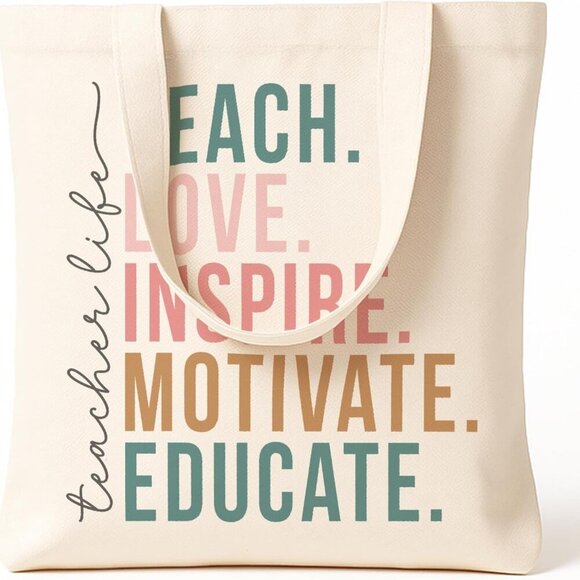 Brand New Teacher Tote Reusable Canvas Bag 16x14 Black Gift - Picture 2 of 5